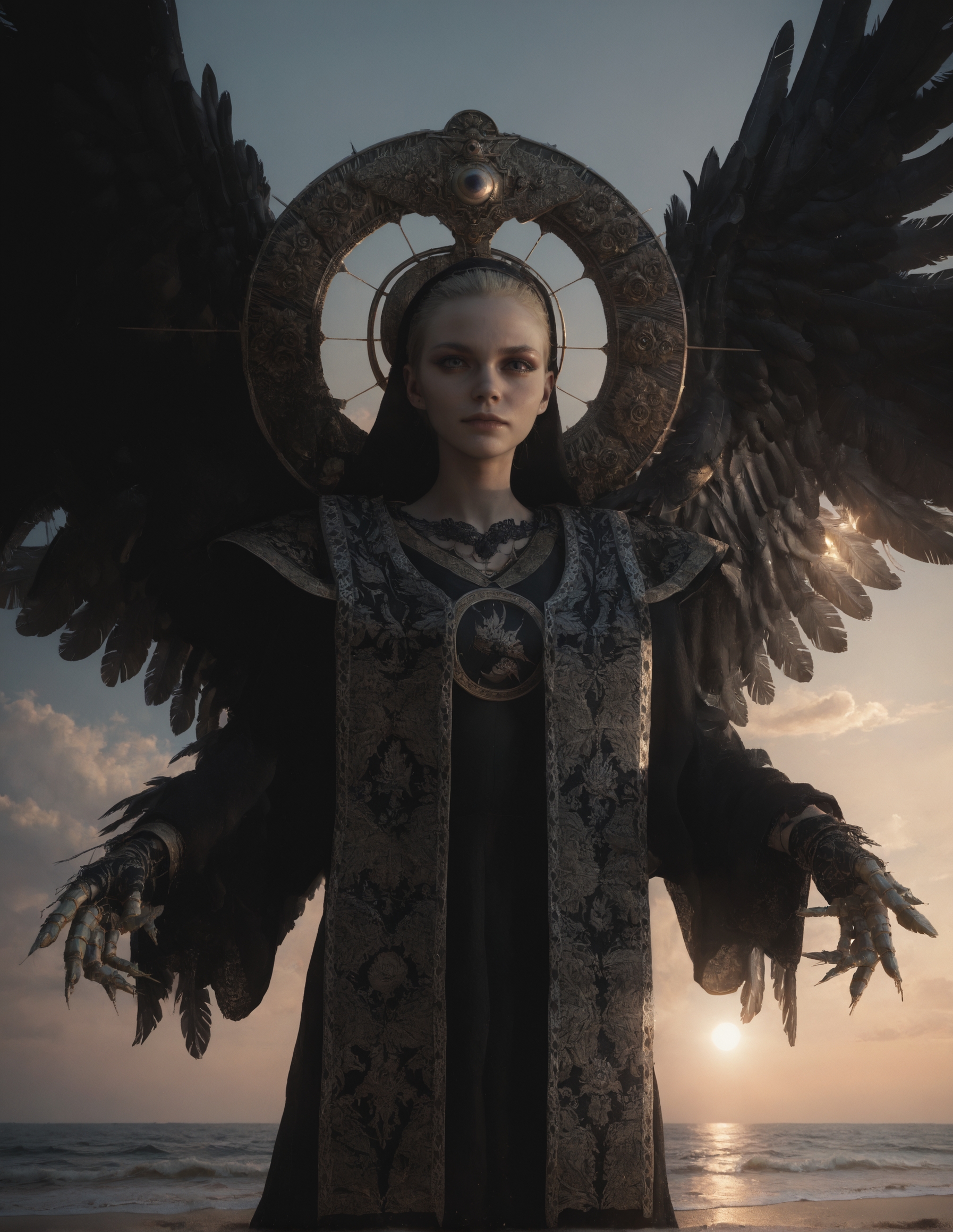 score_9, score_8_up, score_7_up,score_6_up,high resolution,source_anime,mrnd,1girl,at beach,blonde hair,long hair,black veil,black robe,mechanical halo,feathered wings,volumetric lighting,rim lighting,sunny,sun,day,dof,solo,upper body,from below,looking at viewer,barefoot,standing