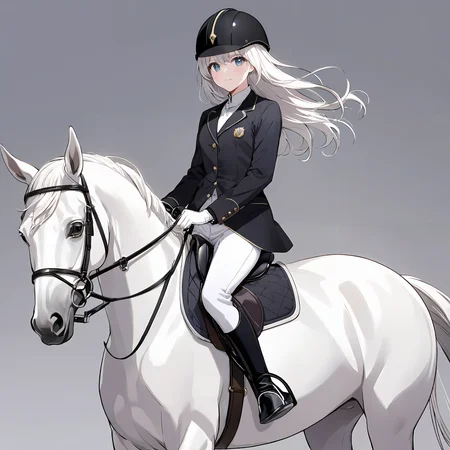 masterpiece,ultra-detailed,best quality,8K,illustration,cute face,clean skin ,shiny hair,girl,ultra-detailed-eyes,simple background, <lora:add-detail-xl:1> <lora:kisyu_XL_V1.0:0.7> kisyu, horse, riding, white pants, black jacket