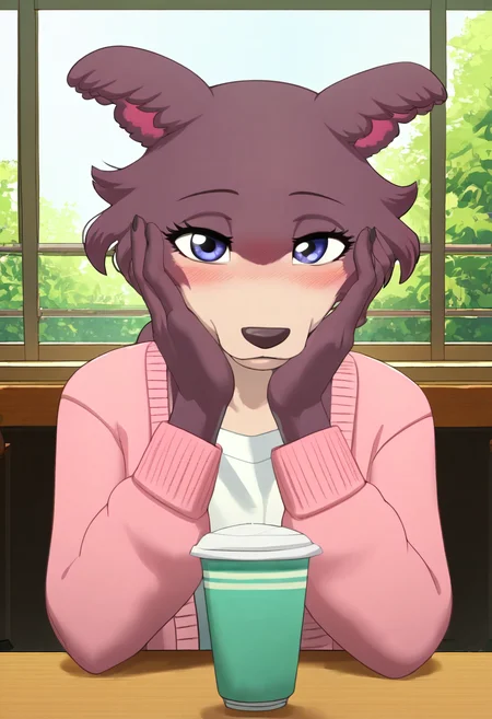zPDXL, score_9_up, score_8_up,_7_up, score_6_up, score_5_up, score_4_up ,source_furry, best quality, amazing quality, masterpiece, 1girl, looking at viewer, solo, close, face focus, upper body, cute, blush, seductive smile, cute pose, outoors, cafe,  sitting at the table, juno, wolf girl, brown-purple fur, blue eyes, wolf tail, pink cardigan, white t-shirt, green pants, <lora:JunoUpdated:0.8>,  whisperfoot, <lora:Whisperfoot:1>, Expressiveh, good_hands, <lora:Expressive_H:0.8>, <lora:Detail_Slider_v1.4_iteration_3:4>, <lora:pony_good_hands:0.8>