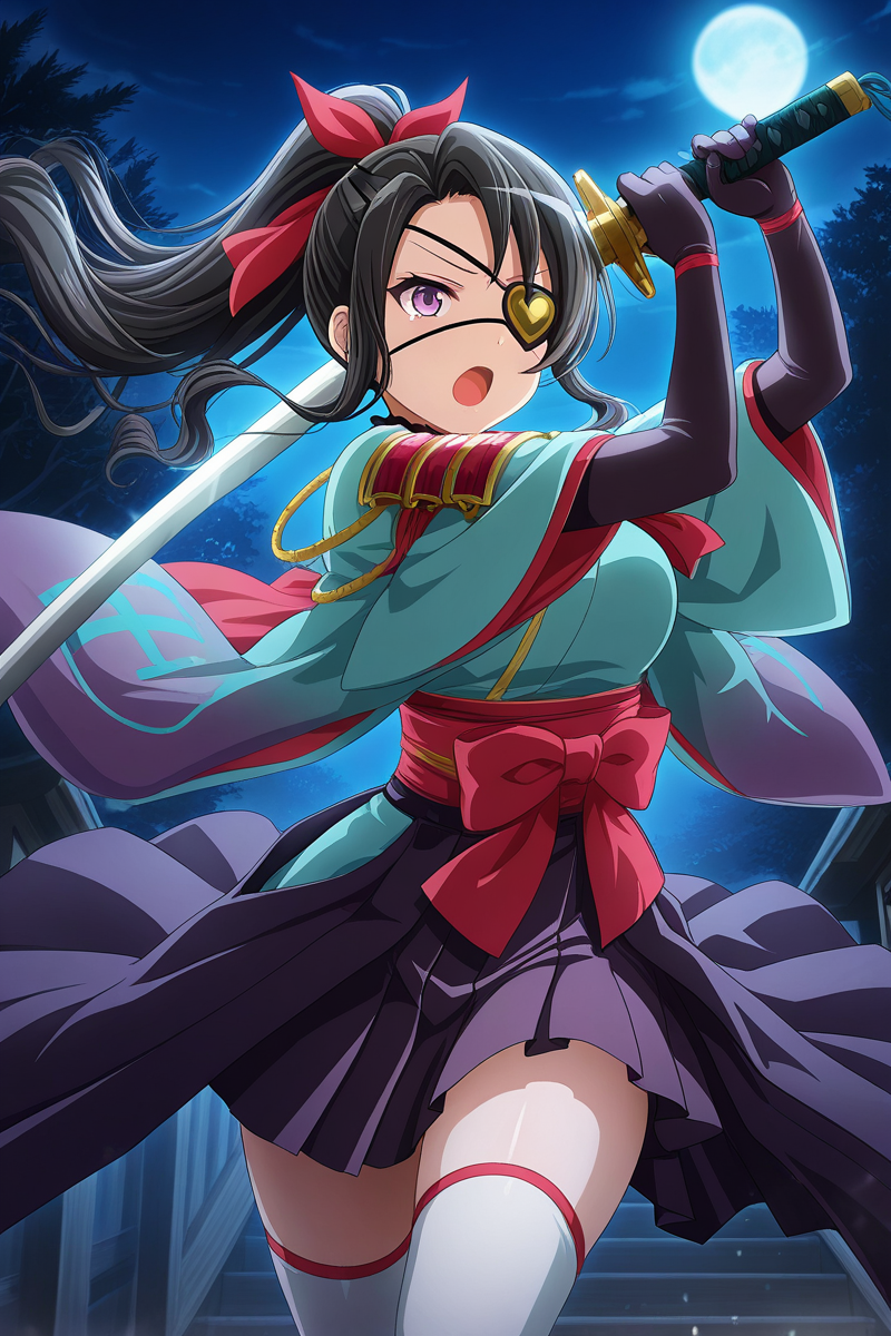 masterpiece, best quality, amazing quality,
 <lora:Rui_IL:1> rui, 1girl, eyepatch, thighhighs, weapon, black hair, solo, sword, ponytail, holding, skirt, japanese clothes, white thighhighs, open mouth, purple eyes, holding weapon, gloves, hakama, holding sword, long hair, night, ribbon, hakama skirt, bow, hair ribbon, wide sleeves
