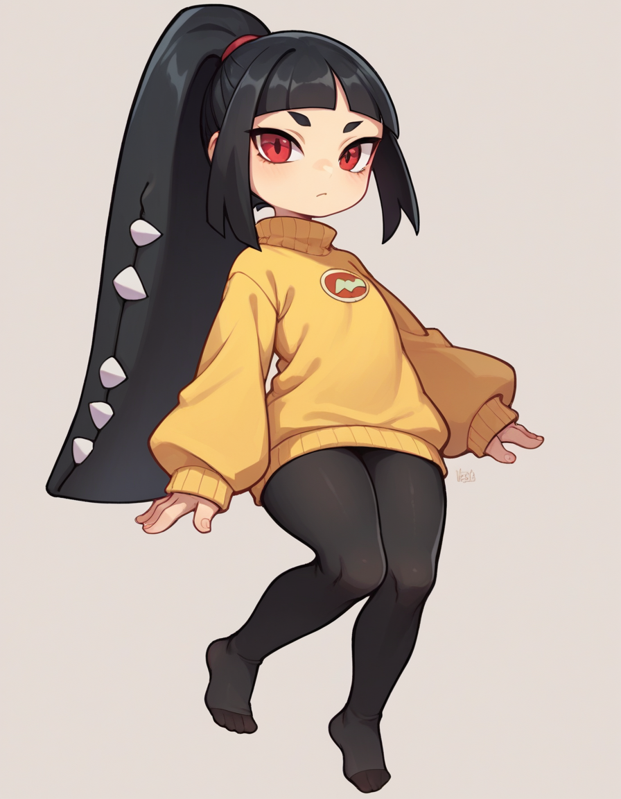 zPDXL, score_9, score_8_up, score_7_up, source_anime, 1girl, solo, 
 <lora:Mawile_v2 Lite:0.6> mawile, black hair, blunt bangs, ponytail, red eyes, yellow sweater, black leggings, no shoes, shortstack,