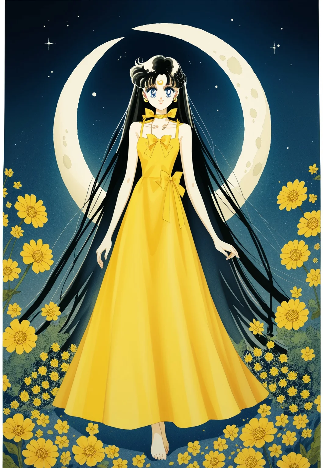 PonyXLV6_Scores  Naoko Takeuchi Style, 1girl, solo, long hair, smile, blue eyes, black hair, dress, bow, ribbon, jewelry, very long hair, full body, flower, earrings, barefoot, choker, necklace, facial mark, traditional media, moon, crescent, yellow bow, forehead mark, retro artstyle, ribbon choker, yellow dress, crescent moon, crescent earrings, yellow choker, crescent facial mark, trending on pixiv,  WatercolorMangaPDXL