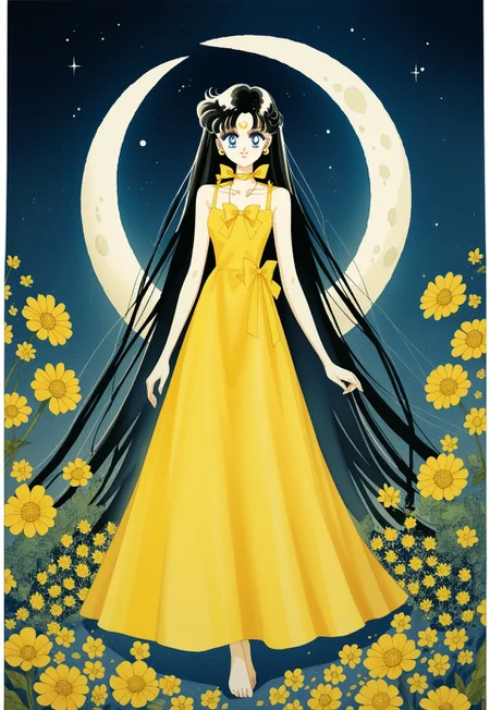PonyXLV6_Scores Naoko Takeuchi Style, 1girl, solo, long hair, smile, blue eyes, black hair, dress, bow, ribbon, jewelry, very long hair, full body, flower, earrings, barefoot, choker, necklace, facial mark, traditional media, moon, crescent, yellow bow, forehead mark, retro artstyle, ribbon choker, yellow dress, crescent moon, crescent earrings, yellow choker, crescent facial mark, trending on pixiv, WatercolorMangaPDXL