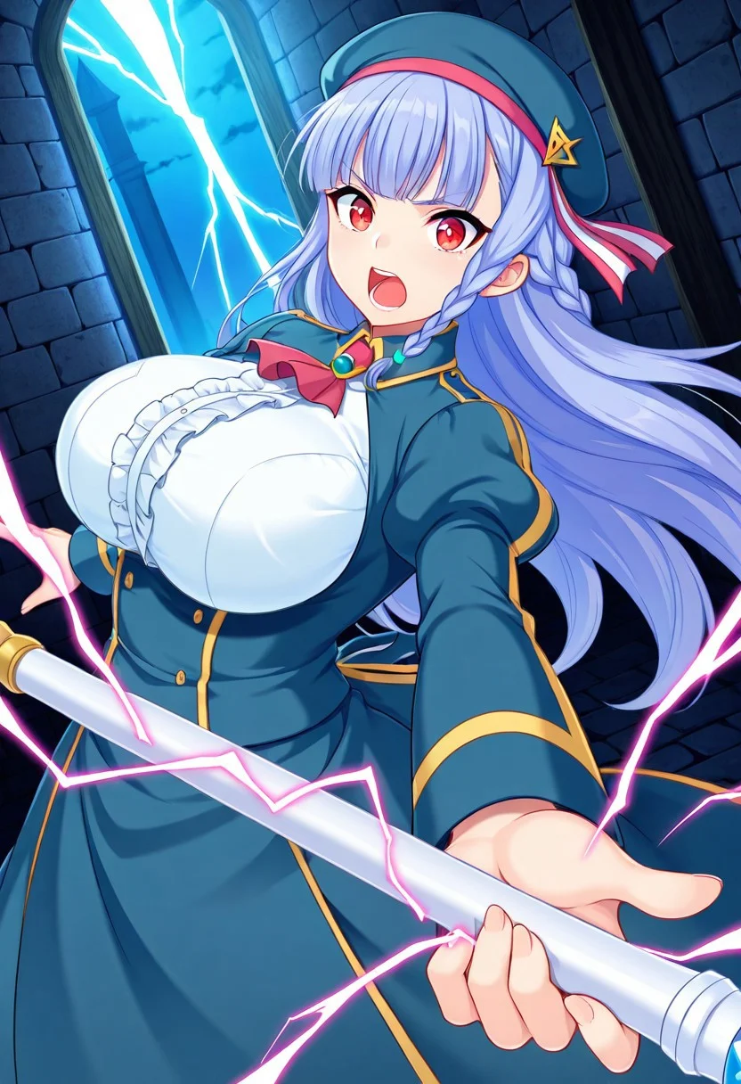 general,highres, ultra-detailed,very aesthetic,best quality ,best hands,best eyes,easynegative,
dynamic anglre, dutch angle, anime cloring,anime screencap,
1girl solo,looking at viewer,dungeon, open mouth, holding staff,fighting,lightning, 
Emilia Batzdorf,blue hair, long_hair, braid, red eyes, huge_breasts,hat,open chest shirt, skirt,