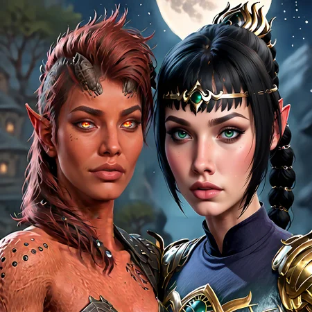 score_9,score_8_up,score_7_up,score_6_up,score_5_up,score_4_up,rating_questionable,extremely detailed,high quality,realistic,beautiful eyes,moon,night,2girls,looking at viewer
BREAK
karlach,glowing eyes,red skin,horns,(steel armor:1.2),light smile
<lora:Karlach_PonyXL:0.7>
BREAK
shadowheart,black hair,braided ponytail,green eyes,circlet,armor
<lora:ShadowHeartXL:0.7>