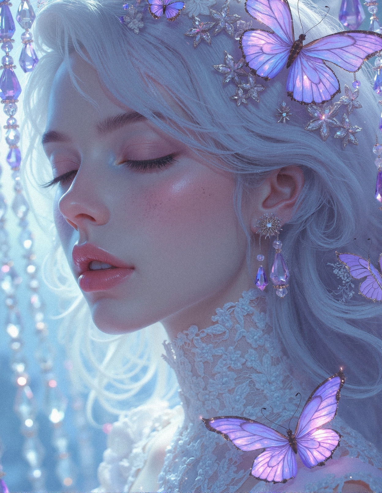 A breathtaking close-up portrait of a celestial crystal maiden, her radiant silver hair cascading in soft waves, framing her delicate face with a halo-like glow, her violet-hued eyelids gently closed as if lost in a divine dream. Her flawless, porcelain skin is accentuated by subtle pink undertones, her lips a delicate shade of soft rose, perfectly complementing the enchanting amethyst butterflies that dance around her. She wears an intricate lace gown, its semi-transparent floral embroidery seamlessly blending with her ethereal presence, each delicate stitch capturing the essence of celestial beauty. Around her, luminous strands of suspended crystal beads adorned with violet gemstones glisten as they catch the ambient glow, casting enchanting reflections upon her skin. The atmosphere is bathed in an iridescent frost-like radiance, a fusion of soft-focus fantasy realism and intricate high-definition textures, where the interplay of light and shadow creates a surreal yet hyper-detailed masterpiece that captures the very essence of celestial grace and otherworldly elegance.
 <lora:FluxDFaeTasticDetails:0.3> <lora:MoriiMee_Gothic_Niji_Style_FLUX:0.4> <lora:realism_lora_comfy_flux_converted:0.6>