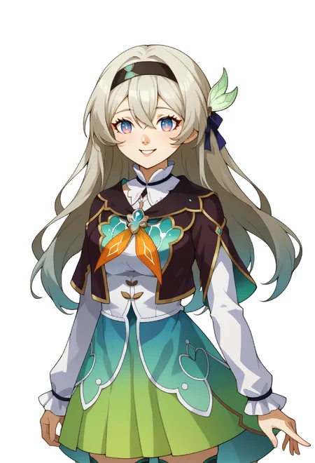 score_9, score_7_up, source_anime, BREAK <lora:zs_SMTIVPortraitsXL_2:0.9> smtivportraits, portrait, white background, solo, <lora:ChamFireflyV2PonyXL:1> FireflyDefault, blue pupils, long hair, black hairband, hair ornament, brown capelet, frilled collar, white shirt, long white sleeves, green skirt, gradient thighhighs, smile,