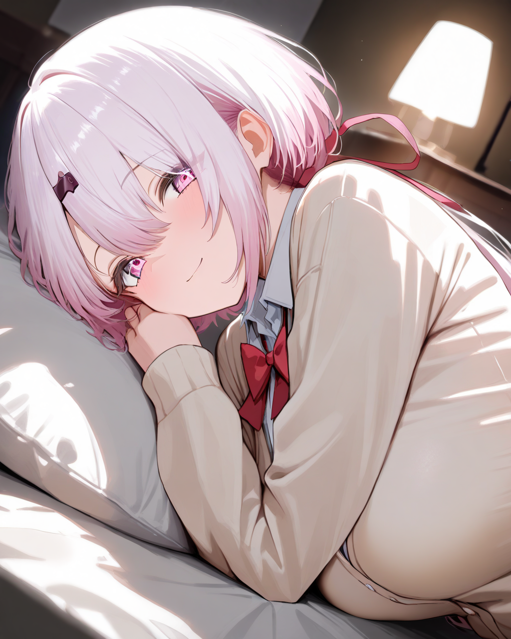 1girl,
ShiinaYuikaNijisanji,
solo, upper body, from above,
low ponytail, beautiful eyes, looking at viewer,
light smile,
on side,
cardigan, red bow, long sleeves, collared shirt,
large breasts,
indoors, moodie lighting,
depth of field,
<lora:kp_ShiinaYuikaNijisanji1stCostumeAnimagineXL_v1_1:1.0>,
masterpiece, high score, great score, absurdres