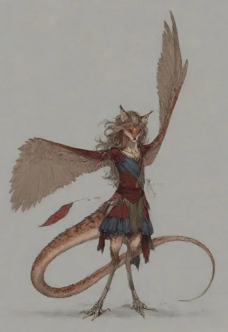 [creature name: Palagiri]
1 person, harpy, ((no arms, wings only)):1.6, androgynous, flat chest, no breasts, anthro, ((long hair)), ((long toes, nimble toes, handfeet)):1.4,, dynamic pose, detailed face, fully clothed, pelvic curtain skirt, feline features, feline nose, feline ears, ((thick tail, tapering tail, feather tipped tail)), harpy:1.2, large wings, digitigrade legs, rating: safe