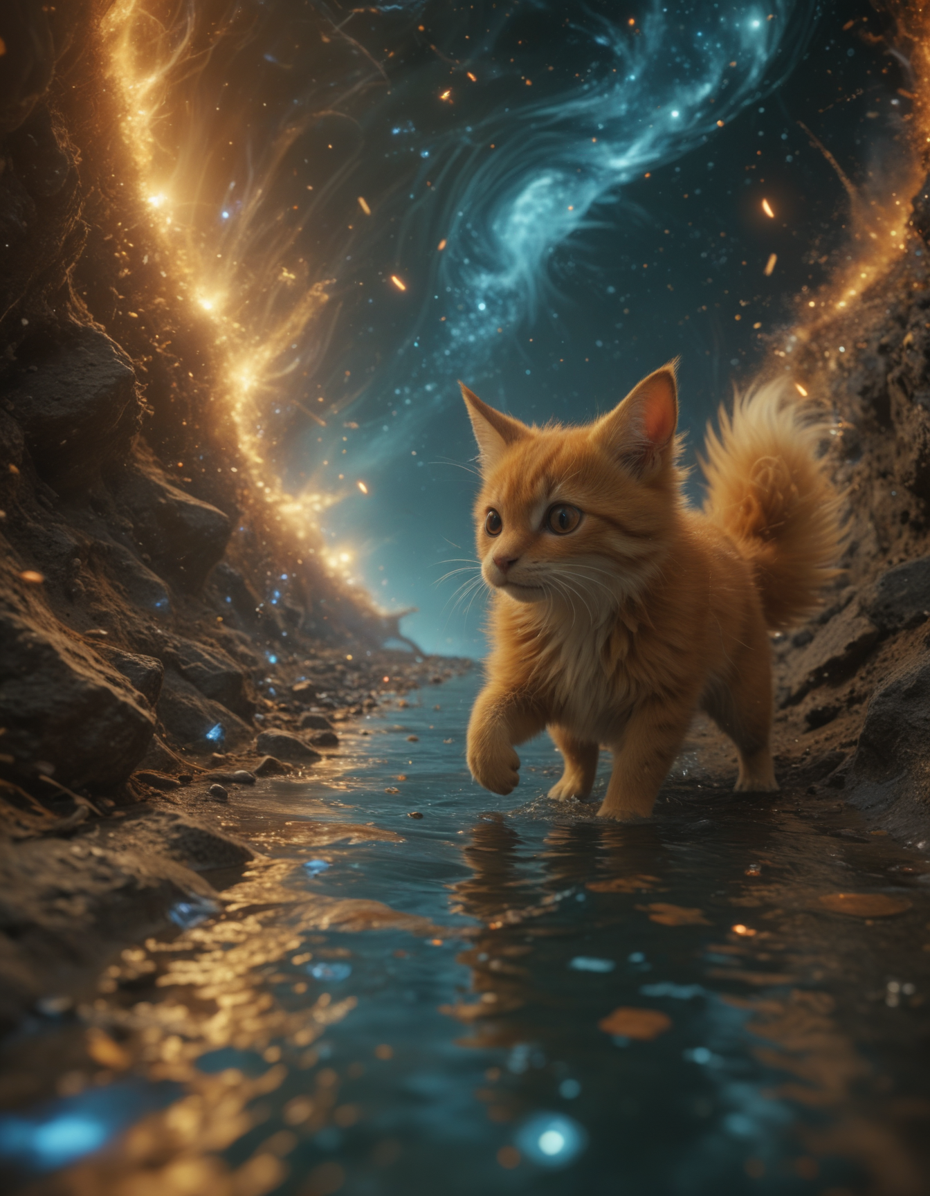 Quantum Entanglement:
shimmering probability waves, nine tails each splitting into alternate timelines, fur a constantly solving Schrödinger equation, paw prints leaving quantum entangled particles, eyes reflecting multiverse variations, bark causing spontaneous quantum tunneling, 
Absurdres, 8K, UHD, many details, extreme detailed, full of details, Wide range of colors, HDR