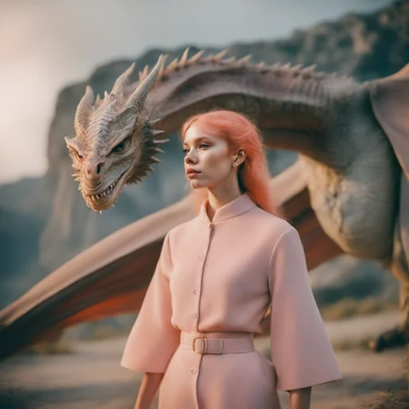 a dragon and a young woman <lora:drag0n:1>, Photo in the style of Petra Collins