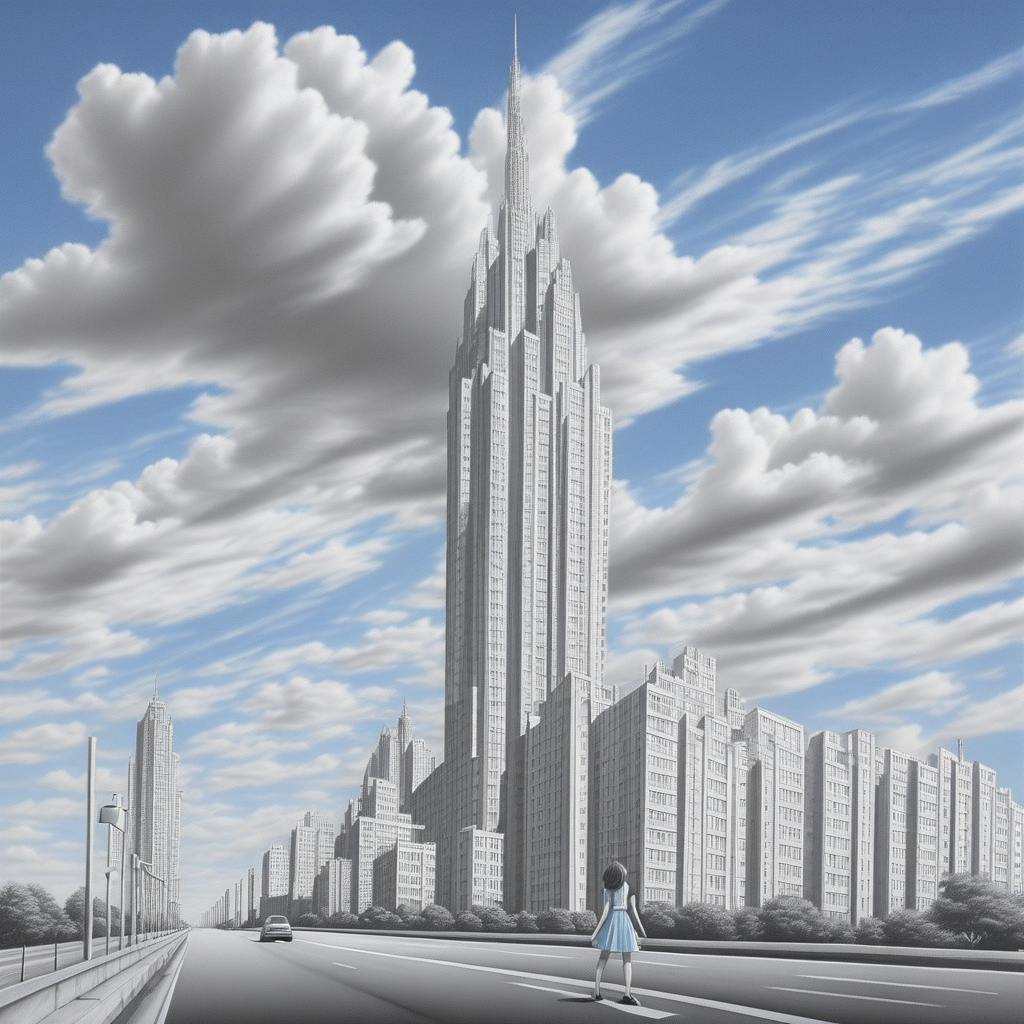 outdoors, road, cloud, tower, building, skyscraper, graphite (medium), 1girl, blue sky