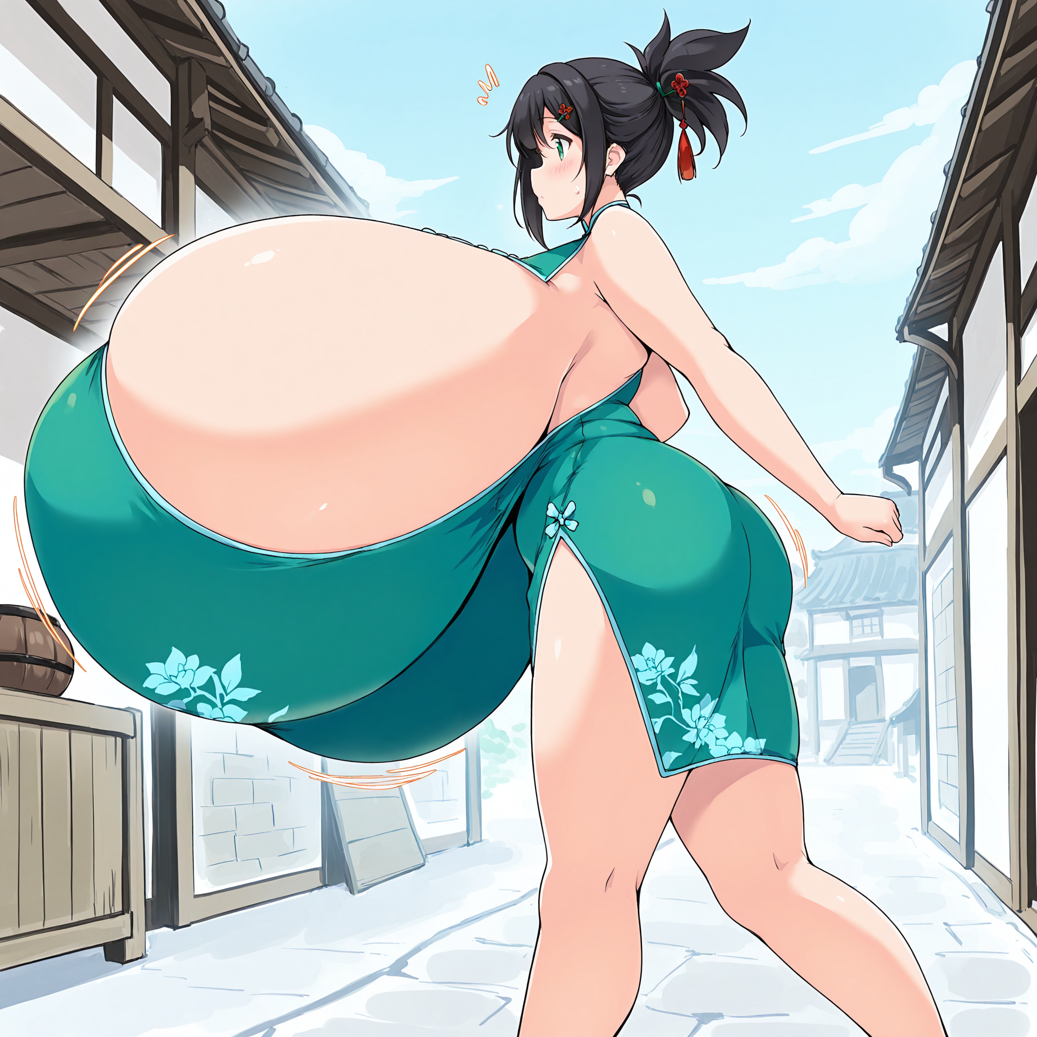 (masterpiece), best quality, (highly detailed), 1female, solo, <lora:Kurocaze_Style Illustrious:0.8>, village, green chinese dress, black hair, long ponytail, green eyes, hairpin, sideboob, hyper breasts, walking, side view, motion lines, thin legs,