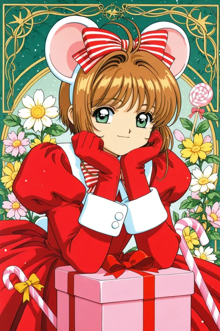 Anime Style,1girl,kinomoto sakura,solo,candy,bow,red gloves,green eyes,food,animal ears,striped bow,gloves,smile,mouse ears,short hair,1990s (style),striped,antenna hair,retro artstyle,dress,looking at viewer,candy cane,long sleeves,fake animal ears,bangs,head rest,closed mouth,red dress,bowtie,gift,ribbon,box,swirl lollipop,lollipop,brown hair,blonde hair,red bow,flower,gift box,
<lora:Card Captor Sakura_illustriousXL:0.8>,