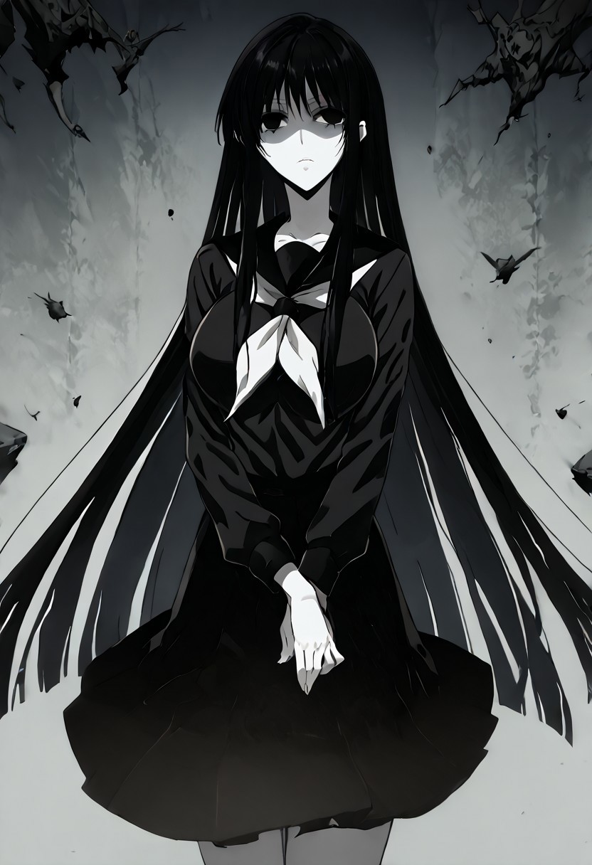 score_9, score_8_up, score_7_up, score_6_up, score_5_up, score_4_up, source_anime, 1girl, 1others, solo, 
hagoromogitsune,monochrome girl,shaded face,empty eyes,black hair,pale skin,white skin,large breasts,very long hair,
school uniform,black serafuku,serafuku,black shirt,black skirt,
masterpiece, best quality, very aesthetic, absurdres,