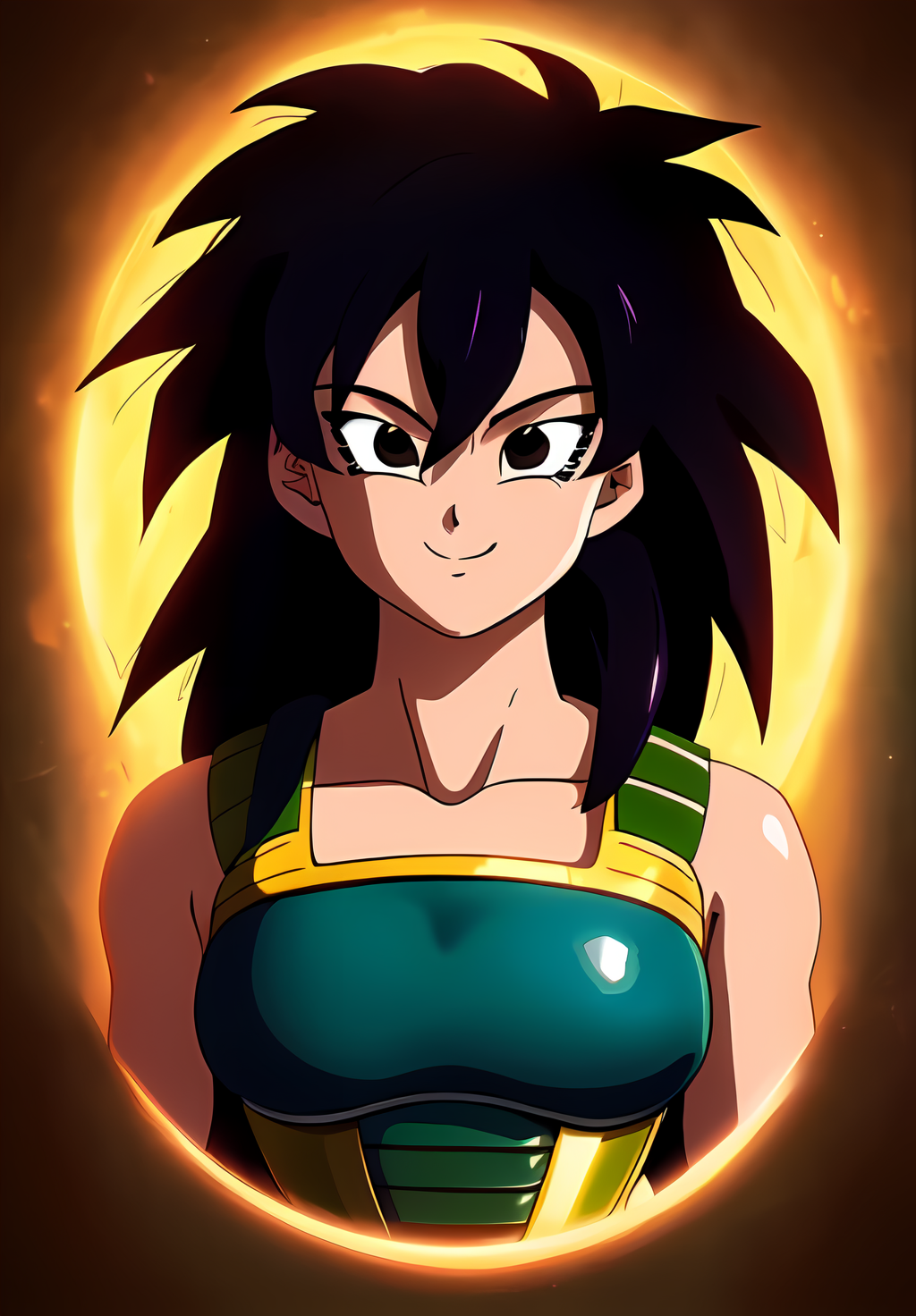 (Photo:1.3), highdetail, <lora:Gine:0.8>, Gine, 1girl, solo, saiyan armor, smile, ((portrait,)) Black Hair, (acclaimed, alluring, captivating, exciting, gorgeous, striking:1.3), (trending on artstation:1.3)
