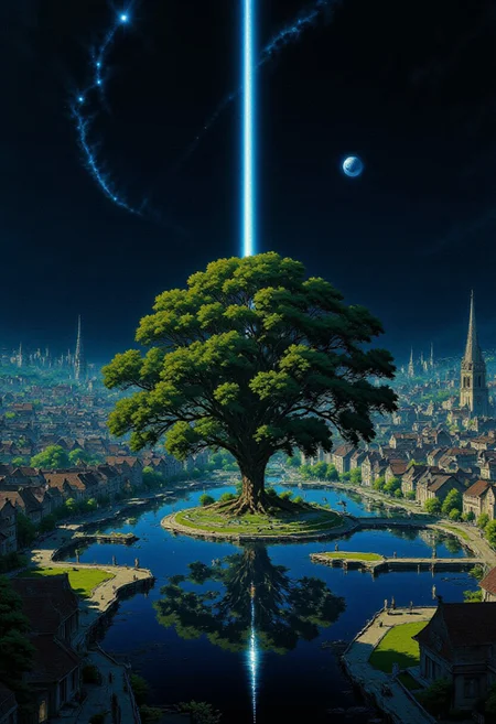 AnimeSky style, anime style, high lighting, Minimalist style city, with an octagon shape and canals that connect in the center of the city, the central focus is a large tree that emanates a blue light and is surrounded by water, which connects to the canals and connects with eight bridges between the canals to the city, it will have some large squares and houses, the sky would be at night where you can see a large galaxy accompanied by some planets.
high quality, best quality, masterpiece, high definition, high resolution