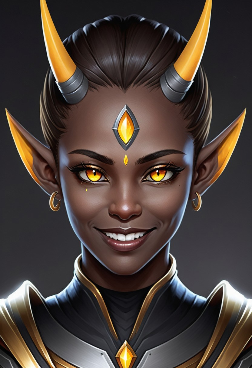 Te'kharoth, third eye, portrait, yellow eyes, horns, pointy ears, dark skin, smile, 1girl, solo, armor, necklace, tiara,