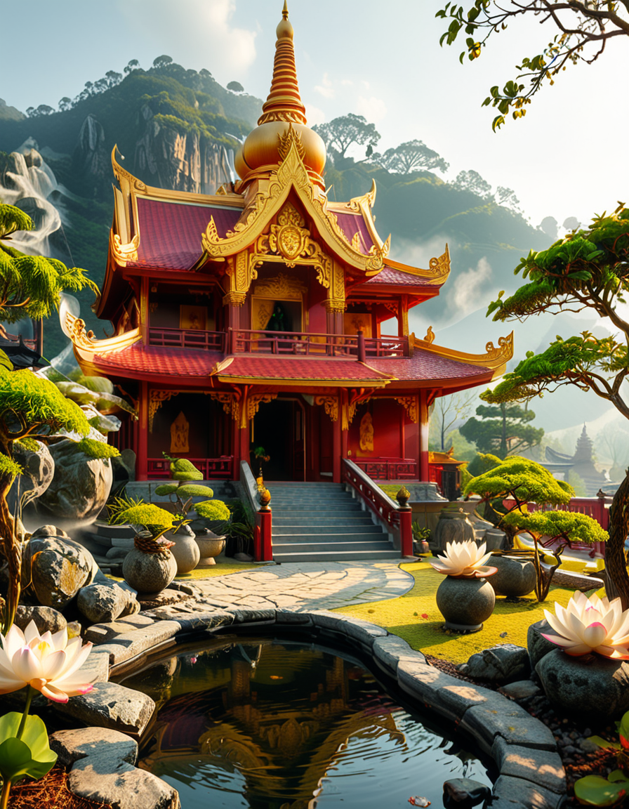 A majestic Buddhist temple nestled in a lush, misty mountain landscape. The temple features traditional curved rooftops with golden ornaments, intricate wooden carvings, and red and gold-painted walls. Large prayer flags in vibrant colors flutter in the wind, adding a spiritual atmosphere. A long stone staircase, partially covered in moss, leads to the main entrance, where a pair of large guardian statues stand watch. The scene is bathed in soft morning light, with gentle rays filtering through the mist, creating a serene and mystical ambiance. The background consists of towering green mountains and a sky with soft pastel hues. In the foreground, a Buddhist monk in deep orange robes walks peacefully along a stone pathway, holding a string of prayer beads. The overall composition conveys a sense of tranquility, spirituality, and harmony with nature.
<lora:SDXLFaeTastic2400:0.4> <lora:extremely_detailed:0.4> extremely detailed,<lora:Buddhist_t3mpl3:1>,Buddhist t3mpl3, Masterpiece,best quality,hi res,8k,hi res,8k,award winning,(sharp focus, intricate, highly detailed),