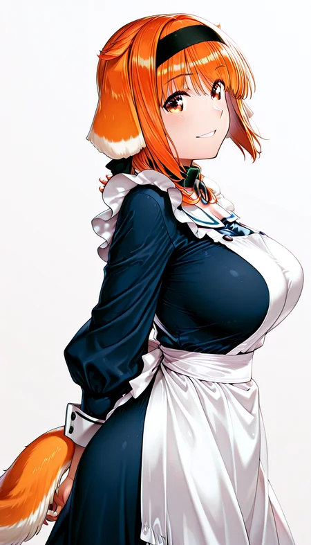 IllusP0s,masterpiece, best quality,(ultra detailed eyes:1.4),((ultra detailed heir:1.4)), ((explicit)), <lora:perfection style v2d:1> ,((dynamic angle)),((dynamic pose))
BREAK
1girl, r0xanne_manga, <lora:Roxanne_-_100percent_-_manga:1>, Black collar, brown eyes, short hair, orange hair, floppy ears, dog ears, dog girl, Black ribbon
Edwardian maid , Long sleeve blue dress,((blue long skirt dress)), white apron with blue lines, maid apron, white apron with blue lines, hairband
BREAK
blank background,from side,blank pose,standing,upper body
looking at viewer, smile, happy, parted lips