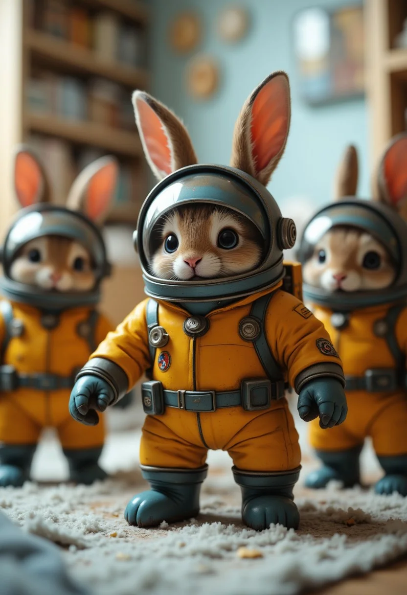 a bunch of tiny micro space angry bunnies wearing yellow and blue space suit, with a round helmet with metalic rabbit ears, exploring gamer bedroom, funny, playful, cinematic wide angle , raw, analog, detailed bedroom background blankmj l10nhe43t
