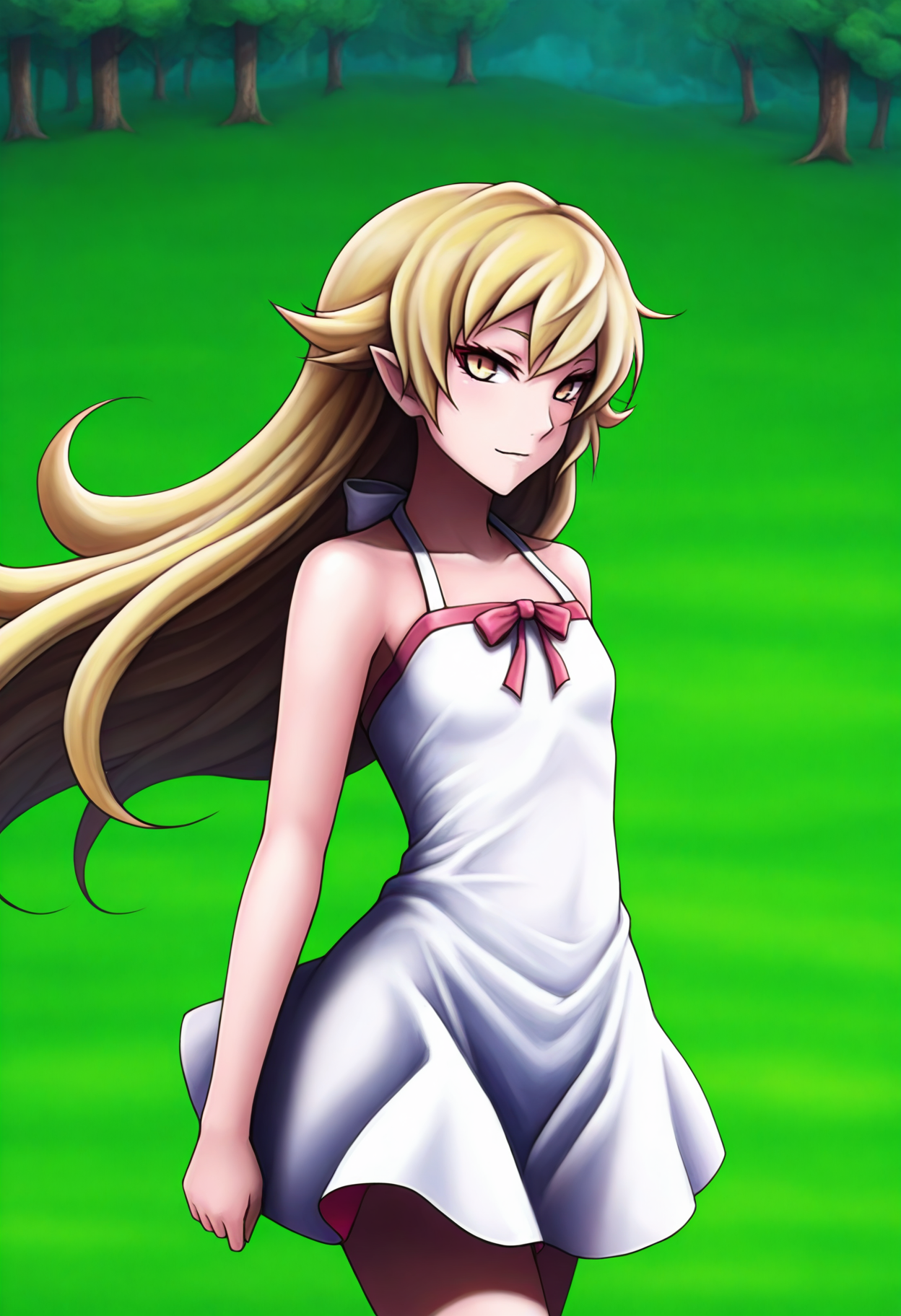 <lora:Melusine-A_IL1.2:1>, Melusine, ios_style,
1girl, solo, long hair, oshino shinobu, cowboy shot, white dress, looking at viewer, yellow eyes,
outdoors, forest, shadow, tree,