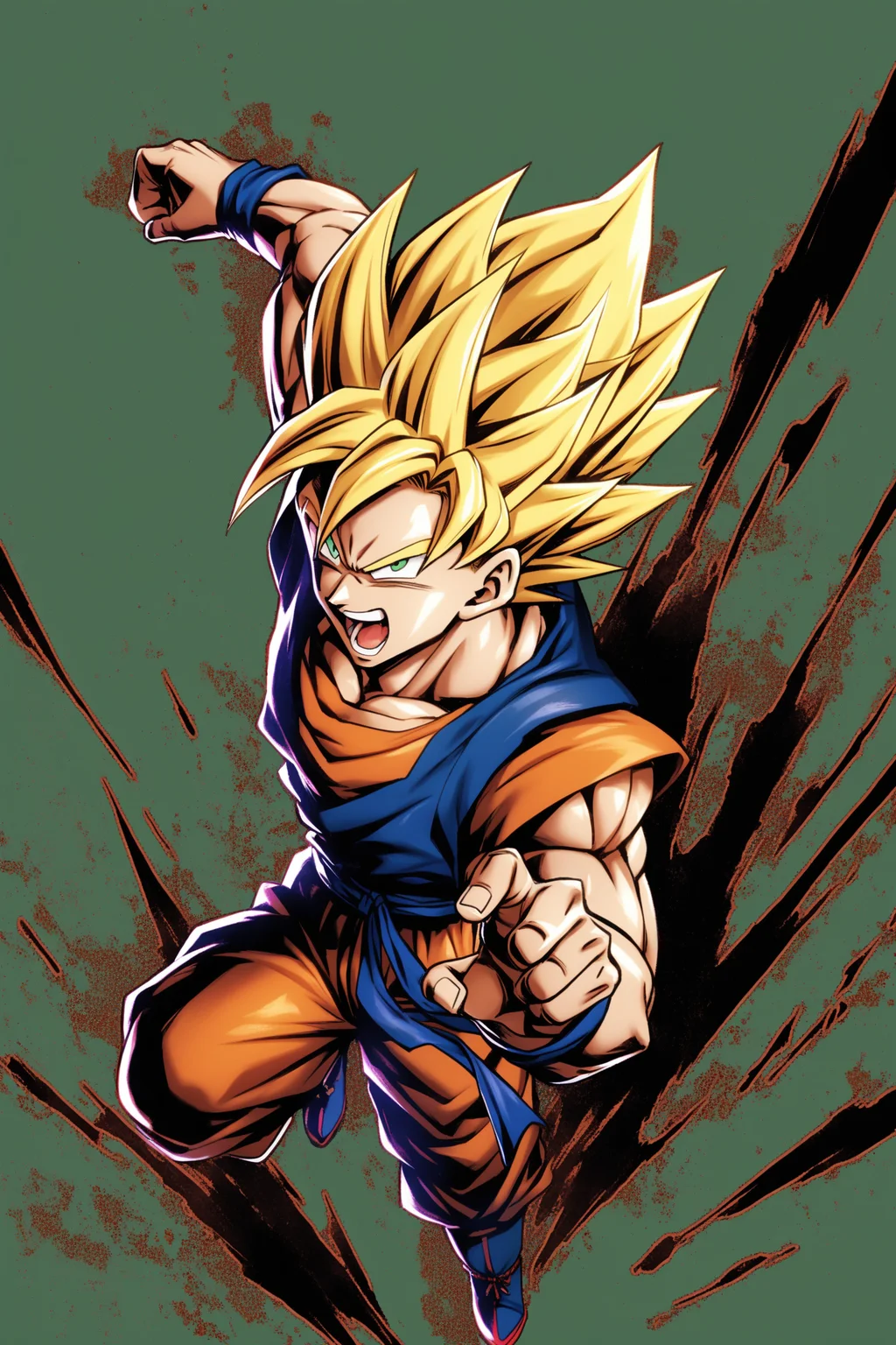 super saiyan,1boy,male focus,blonde hair,solo,green eyes,open mouth,dougi,super saiyan 1,spiked hair,son goku,white background,full body,<lora:Dragon Ball_XL:0.8>,