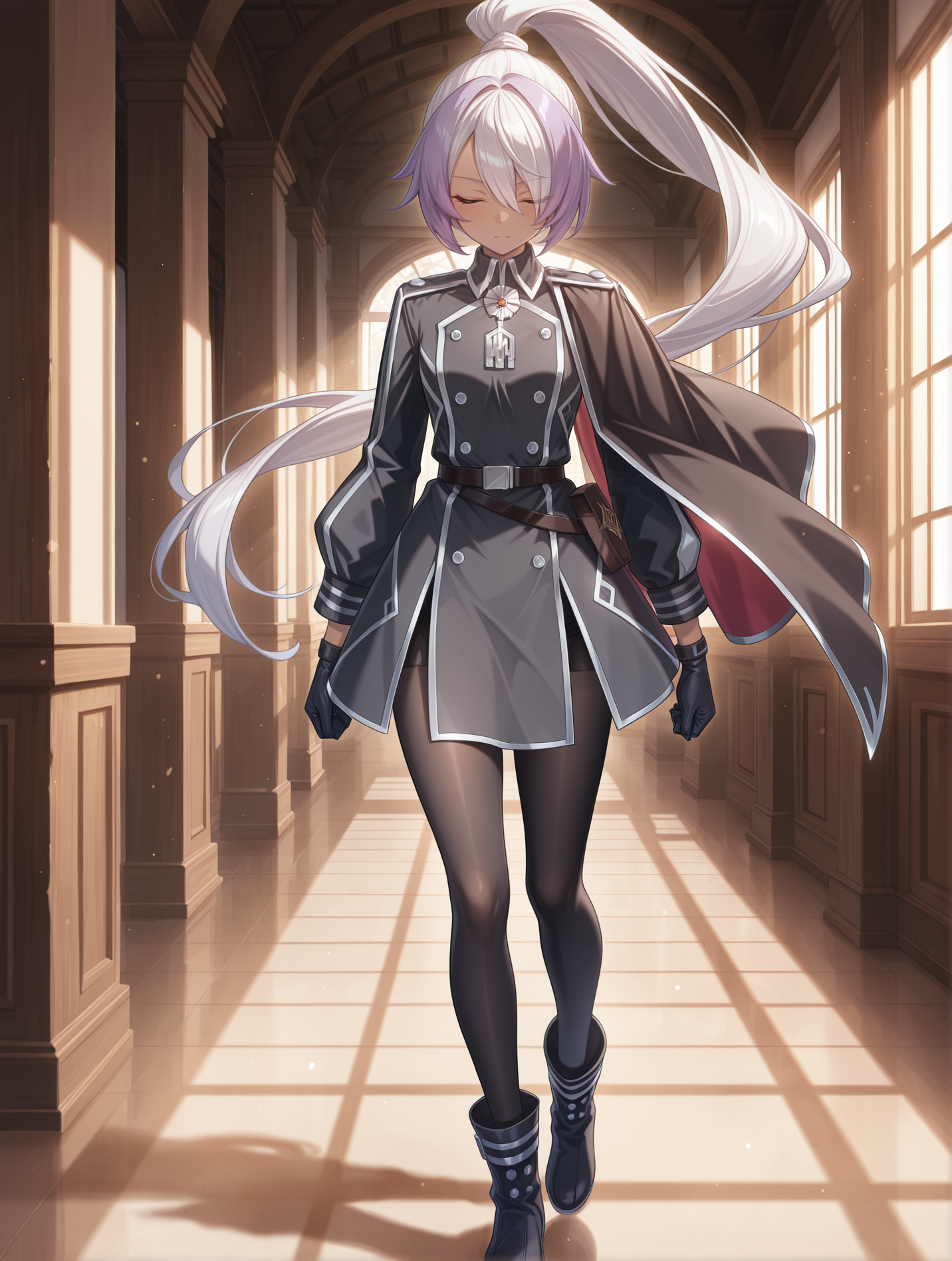 sky striker ace - azalea,black military uniform,1girl,indoors,left side cape,silver medal,black pantyhose,black boots,high ponytail,walking, black gloves, closed eyes, 
masterpiece,best quality,amazing quality,very aesthetic,absurdres,newest,<lora:sky striker ace - camellia and azalea illusXL v2:0.75>,