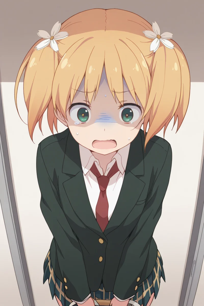 masterpiece, best quality, amazing quality,
<lora:Yuu_IL:1> yuu, solo, hair flower, flower, hair ornament, school uniform, twintails, blonde hair, necktie, skirt, 1girl, green eyes, open mouth, blazer, turn pale, jacket, shaded face
