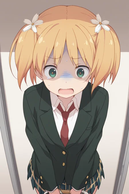 masterpiece, best quality, amazing quality,
<lora:Yuu_IL:1> yuu, solo, hair flower, flower, hair ornament, school uniform, twintails, blonde hair, necktie, skirt, 1girl, green eyes, open mouth, blazer, turn pale, jacket, shaded face
