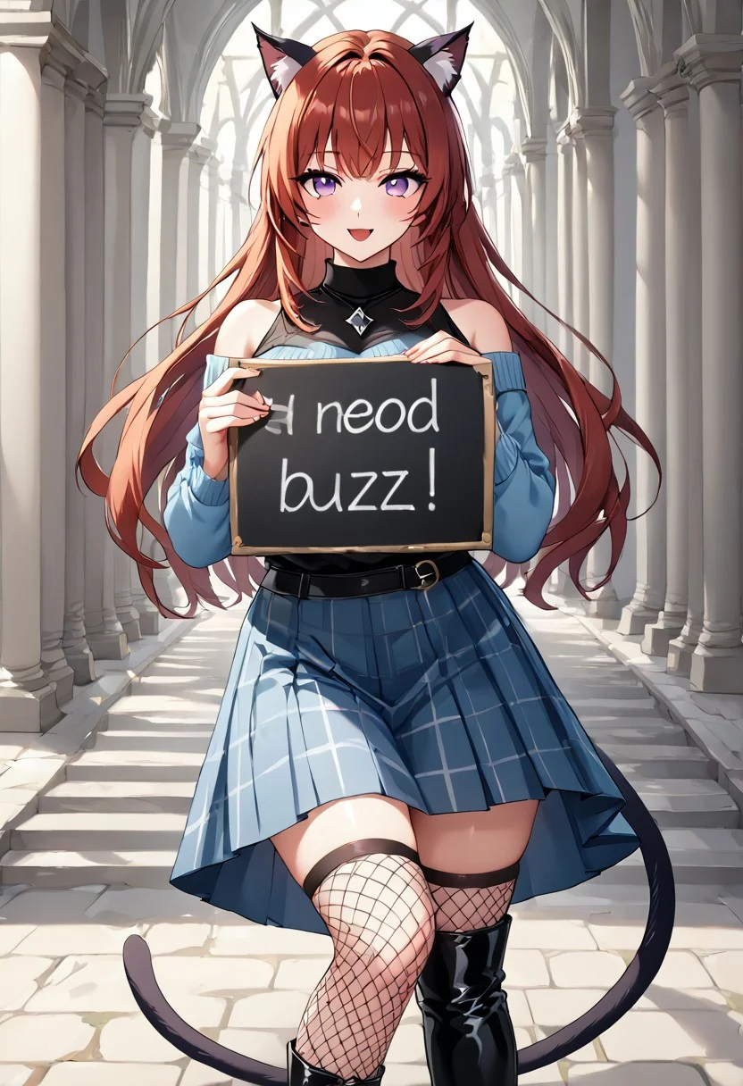 masterpiece, best quality, absurdres, cinematic, score_9, score_8_up, score_7_up, ((source_anime)), good anatomy, detailed face, beautiful face, beautiful eyes, ((1girl)), huge breasts, (black cat ears), (black cat tail with white tip), purple eyes, ((((auburn hair)))), (long hair), straight hair, large breasts, blue sweater, off-shoulder sweater, long sleeves, black shirt, blue plaid pleated knee-length skirt, bare shoulders, ((long skirt)), black knee-high boots, black diamond net stockings BREAK begging, holding sign, need_buzz,