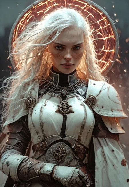 ral-neotlns, feudal Silk Road style, amazing quality, masterpiece, best quality, detailed hair, detailed skin, volumetric lighting, hyper detailed, ultra detailed, UHD, dof, hyper-realism, majestic, extremely detailed, subsurface scattering, awesome, inspiring, By night in a mystic floating particles forest, small luminous particles in darkness, A muscular, athletic beautiful blushed angry with freckles adorned closeup portrait of a nun with long white natural hair in reflective shiny translucent Armor Made of technical parts, cyberpunk cables and wires, stands in a storm, lighting, Thunder electricity, high voltage, DARK, particles,. holds an old, impressively large translucent heart shaped axe and shield in her hand, exuding a laid-back yet dangerous vibe. The photo features faded colors, with a limited palette of gray, beige, and washed-out red, capturing her cool, striking appearance.. cinematic composition, soft shadows, national geographic style,