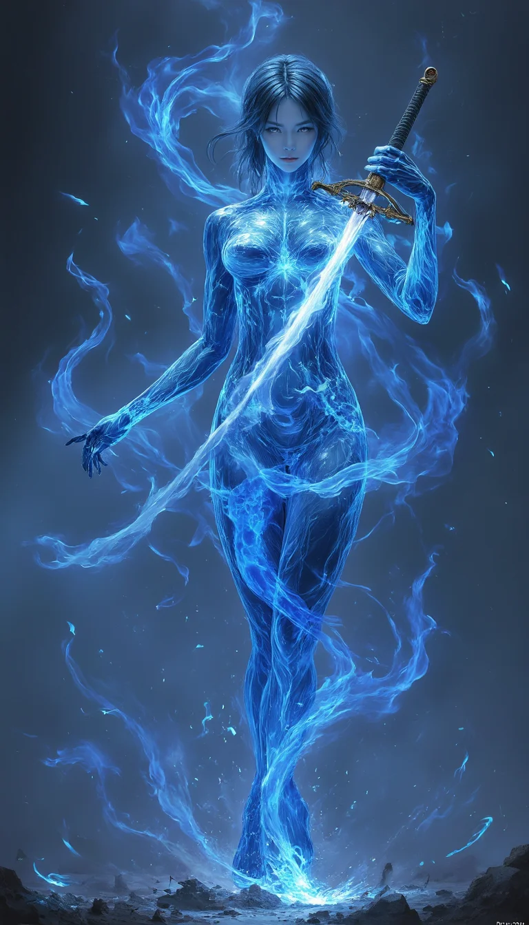 bailing_fire,
A girl **** entirely of flames stands,
composed of fire elements, fire element, girl **** of blue flames, Fire Skin, surrounded by blue flames., blue fire, blue flame, a woman is holding a sword and is surrounded by a blue aura.