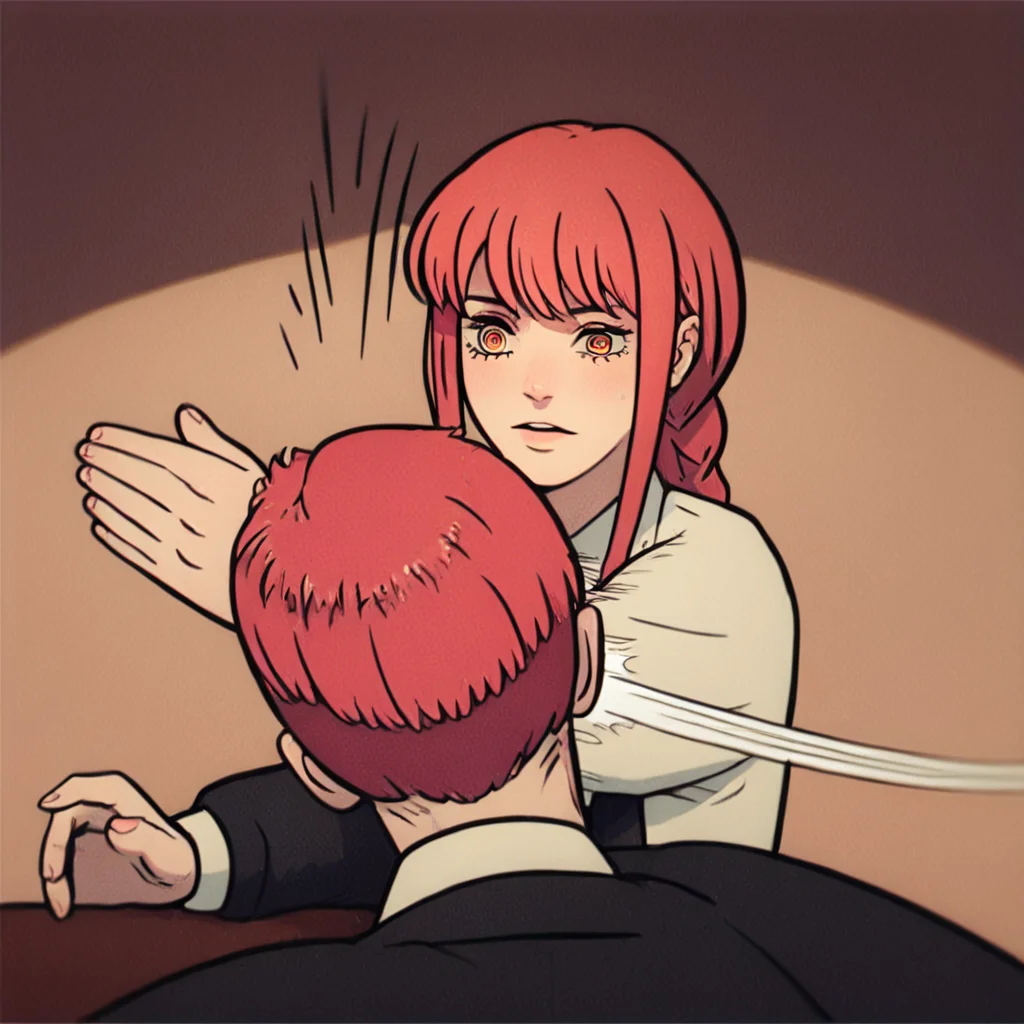 score_9, score_8_up, score_7_up, score_6_up, score_5_up, score_4_up, <lora:mak1ma0XL_Pony_v1:1> , mak1ma0, red hair, long hair, ringed eye, braid, white collared shirt,black necktie, <lora:batman_slap:1>, slapping, slapping motion, motion lines, masterpiece, highres