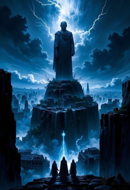 3pic_vist4, Haunting dark fantasy illustration of an ancient, twisted statue standing atop a steep cliff, overseeing a decaying metropolis shrouded in mist. The sky churns with ominous clouds and flashes of lightning, casting stark shadows across the landscape. Mysterious figures clad in flowing cloaks gather around the statue during a midnight ritual, their faces obscured, while ghostly wisps and ethereal lights dance in the air, hinting at forgotten lore and lost secrets.aidmaimageupgrader,Midjourney_Whisper,aidmaMJ6.1