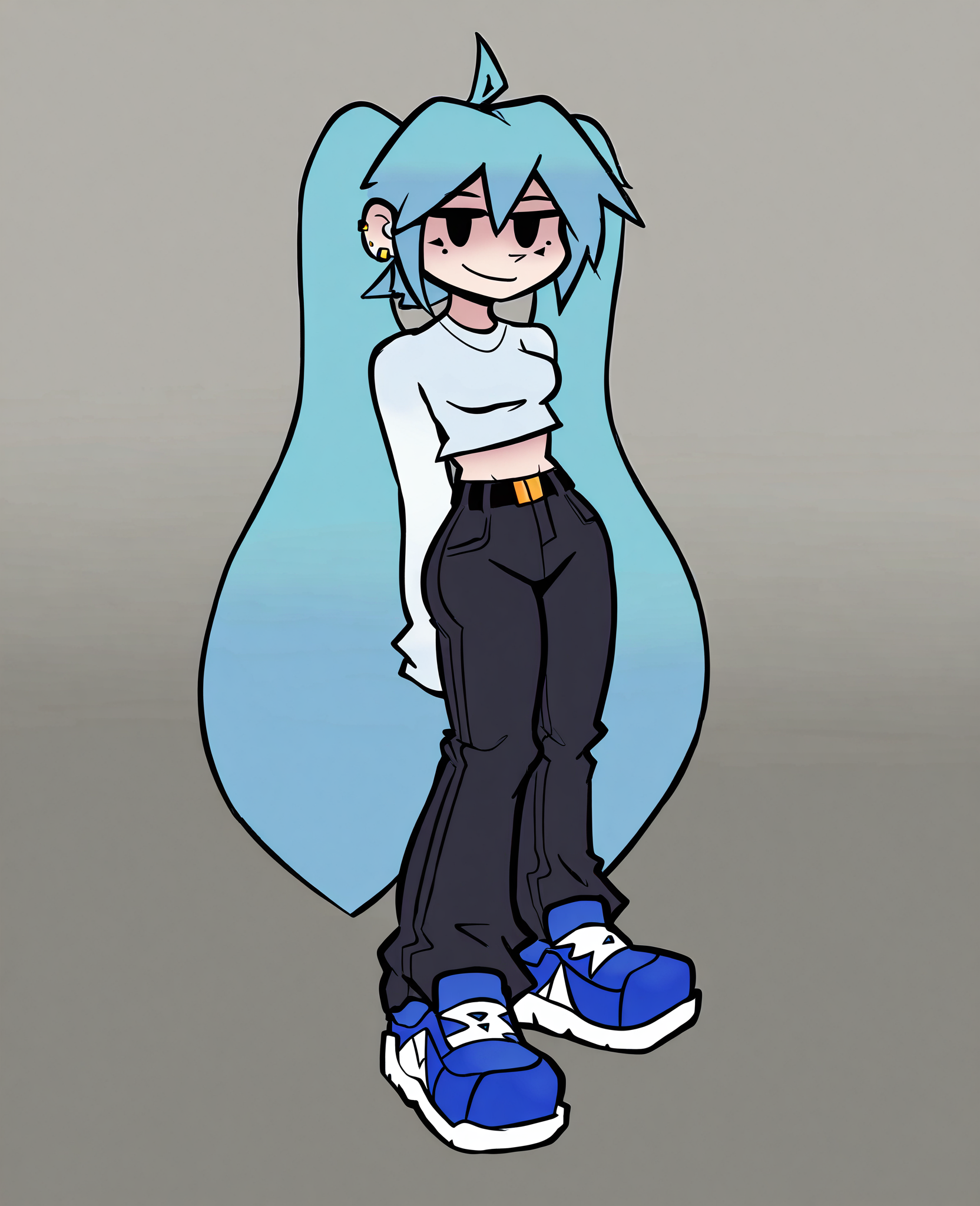 <lora:17bucks_Style_Illustrious-000019:1.0>, 17bucks, gradient color, 2d, masterpiece, absurdres, high quality, 1girl, blue hair, very long hair, hatsune miku, black eyes, blue midriff, medium breats, earrings, black pants, belt, blue shoes, looking at viewer, smile,