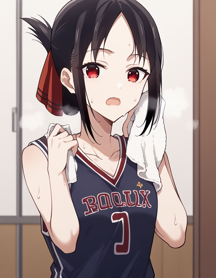 score_9, score_8_up, score_7_up, source_anime, <lora:kaguya-shinomiya-s3-ponyxl-lora-nochekaiser:1>, kaguya shinomiya, short hair, bangs, black hair, red eyes, hair ribbon, sidelocks, folded ponytail, parted bangs,, <lora:basketball-uniform-ponyxl-lora-nochekaiser:1> basketball uniform, basketball jersery, sportswear, jersey, shorts, sleeveless,, audience, gym, sweat, open mouth, steam, <lora:wiping-towel-ponyxl-lora-nochekaiser:1> wiping sweat, towel, holding, sweat, holding towel, looking at viewer, open mouth,, cowboy shot,