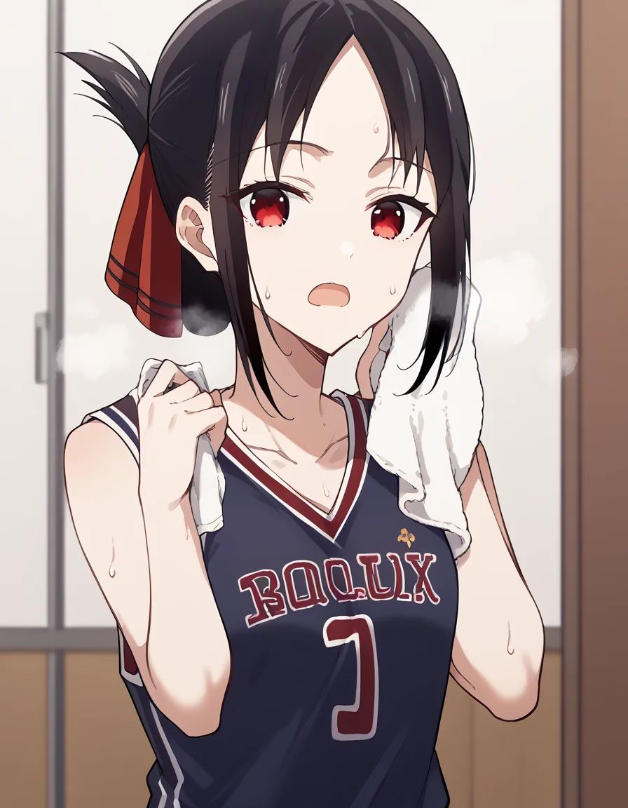 score_9, score_8_up, score_7_up, source_anime, <lora:kaguya-shinomiya-s3-ponyxl-lora-nochekaiser:1>, kaguya shinomiya, short hair, bangs, black hair, red eyes, hair ribbon, sidelocks, folded ponytail, parted bangs,, <lora:basketball-uniform-ponyxl-lora-nochekaiser:1> basketball uniform, basketball jersery, sportswear, jersey, shorts, sleeveless,, audience, gym, sweat, open mouth, steam, <lora:wiping-towel-ponyxl-lora-nochekaiser:1> wiping sweat, towel, holding, sweat, holding towel, looking at viewer, open mouth,, cowboy shot,