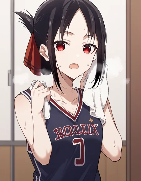 score_9, score_8_up, score_7_up, source_anime, <lora:kaguya-shinomiya-s3-ponyxl-lora-nochekaiser:1>, kaguya shinomiya, short hair, bangs, black hair, red eyes, hair ribbon, sidelocks, folded ponytail, parted bangs,, <lora:basketball-uniform-ponyxl-lora-nochekaiser:1> basketball uniform, basketball jersery, sportswear, jersey, shorts, sleeveless,, audience, gym, sweat, open mouth, steam, <lora:wiping-towel-ponyxl-lora-nochekaiser:1> wiping sweat, towel, holding, sweat, holding towel, looking at viewer, open mouth,, cowboy shot,