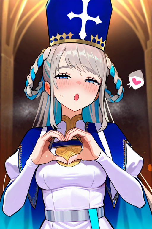 masterpiece, High quality, Ultra detailed, 2d, newest, absurdres, highres, BREAK
1girl, solo, mitre, <lora:johanna_epoch_10:0.8>, johanna_(fate), very long hair, grey hair, twin braids, braided hair rings, two-tone hair, blue eyes, narrowed eyes, blush, open mouth, sweat, steam, spoken heart, 
medium breasts, johannaDef, blue headwear, cross \(symbol\), long sleeves, juliet sleeves, white dress, blue cape, 
upper body, heart hands,