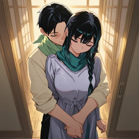 highres,ultra-detailed,illustration,colorful,masterpiece,extremely detailed,8k , manga art style , single panel , (1girl ,silver braided hair, flowing teal dress) , (1boy ,black hair, ivory shirt, green scarf) , boy embraces girl gently from behind , indoors , kisses neck , soft lighting