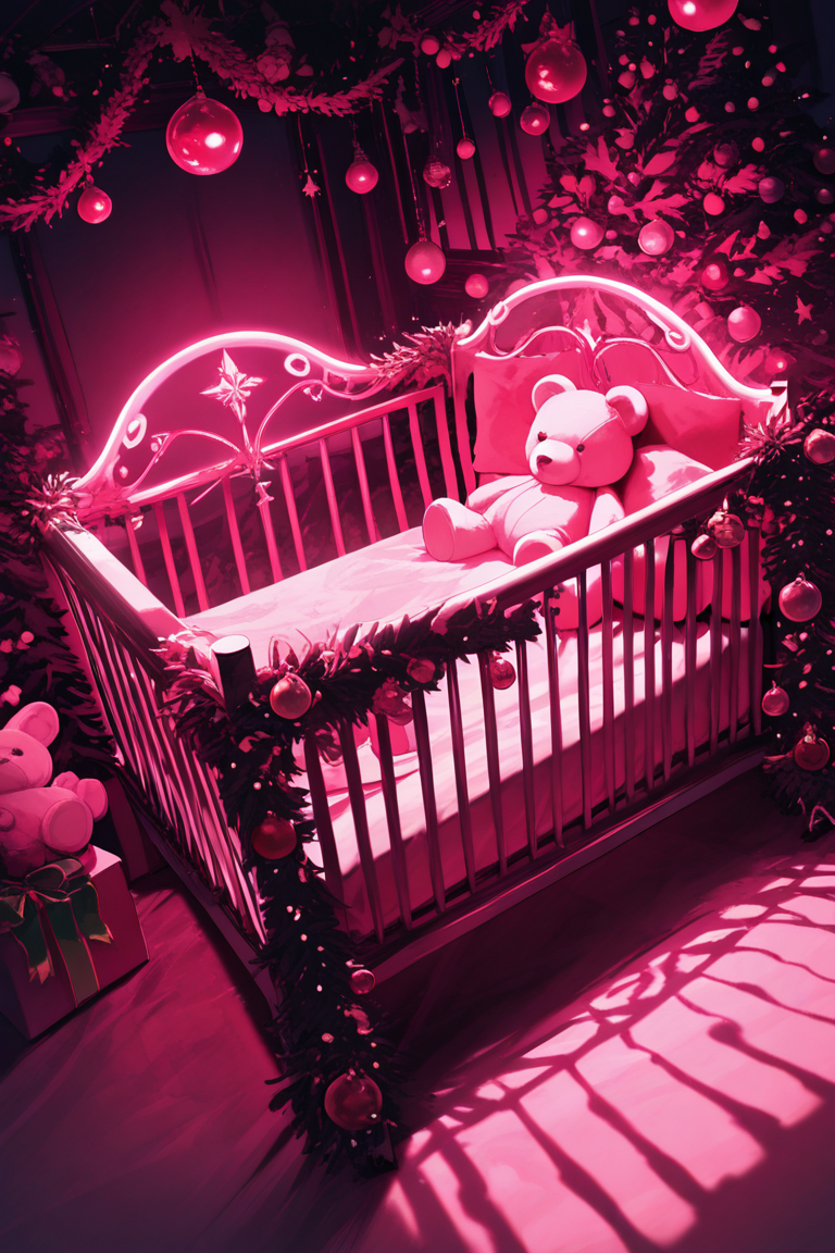 realistic shading, dim lighting, pink theme, dacrib, christmas-crib focus, dacrib_christmas ornaments, no humans, giant teddy bear, plushie, stuffed toy, indoors, dark environment, fantasy, dutch angle, dynamic angle, intricately detailed illustration, masterpiece, best quality, amazing quality, very aesthetic, absurdres, newest