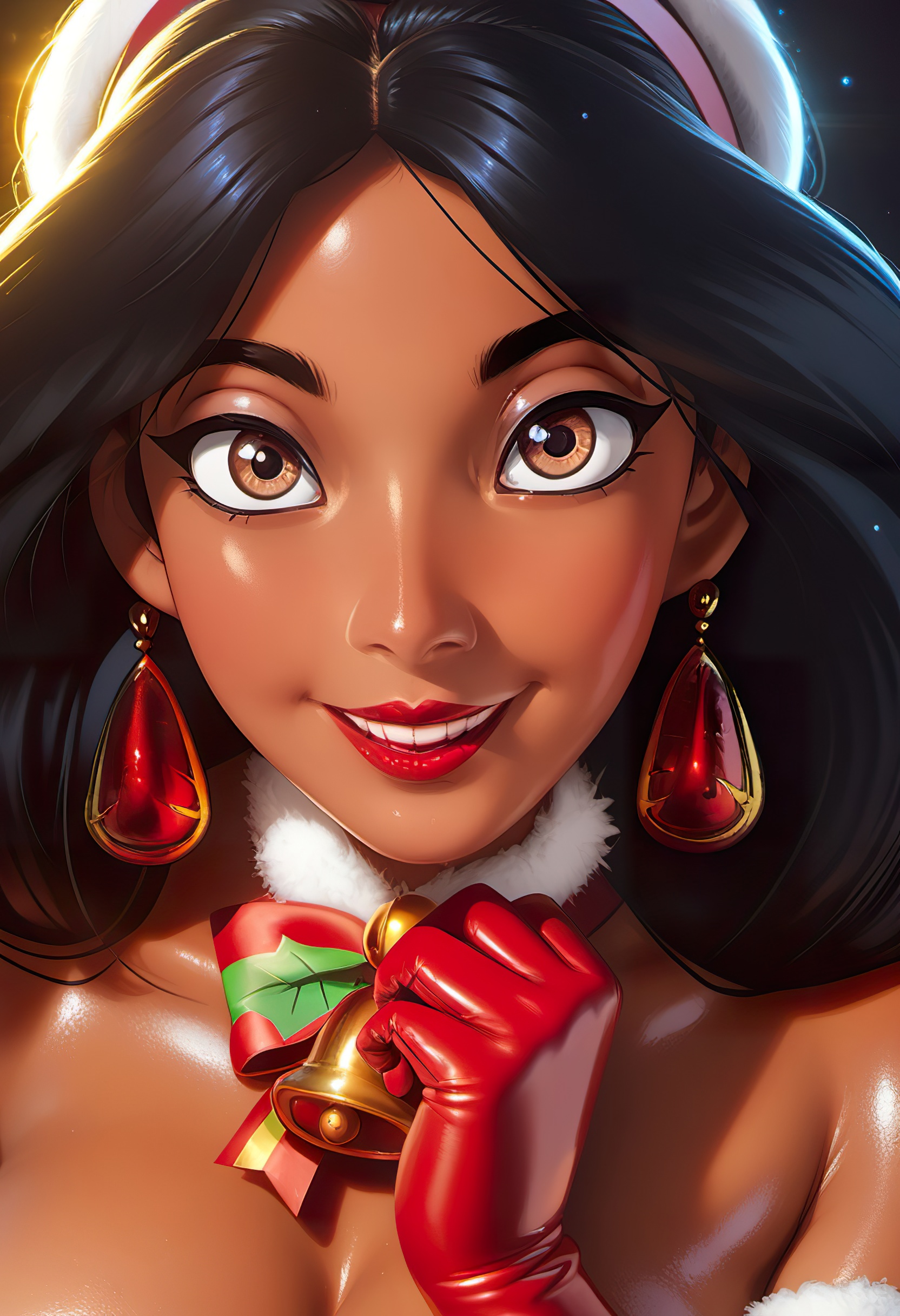 score_9, score_8_up, score_7_up, realistic, realism, HD, perfect quality, 16k, very detailed, realistic lighting, detailed face, cinematic light, vivid colors like HDR+, sharp focus, score_9, epic-Ultra-HD-details, epic-Ultra-HD-highlights, photo-same-realistic upscaled-resolution, source_3D, analog photo, ultra-realism, physically-realistic, lit, cutesie))), 50mm lens aperture opening of f/4.0, BREAK, (((good_hands))), [Aladdin Movie], BREAK, (Jasmine-CrisisBeat, black hair, long hair, dark-skinned female, brown eyes, jewelry, earrings, lipstick), eye_focus, ((BIG breasts, big ass)), looking at viewer, nervous, seductive, sensual, medium body size, slightly small neck, plumb body, voluptuous hips and thighs, curvy body size, microwaist, (plump saggy breasts:1.0), (feminine body, soft body:1.5), BREAK, 1girl, breasts, christmas, smile, multiple girls, looking at viewer, ass, shiny skin, bell, shiny, bare shoulders, gloves, lips, elbow gloves, detached sleeves, solo focus, red gloves, fur trim
