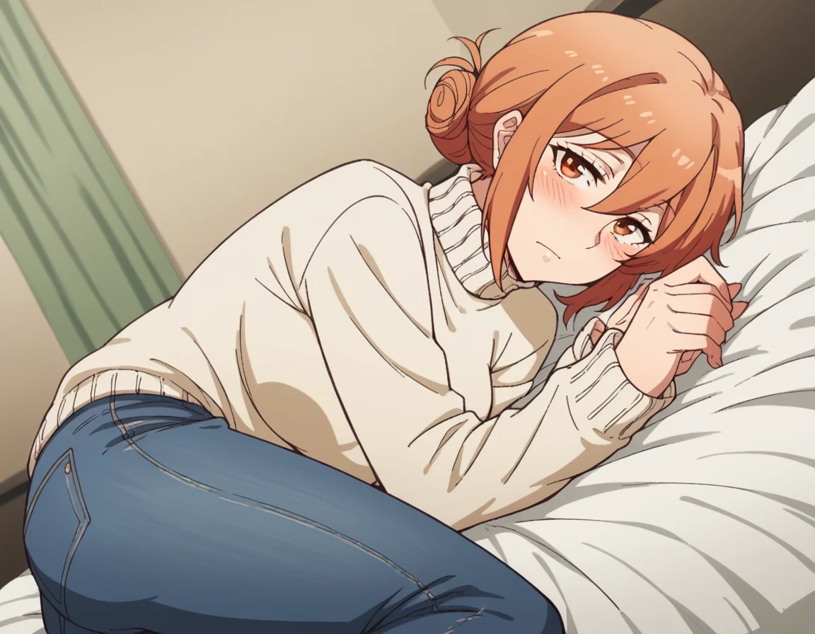 score_9, score_8_up, score_7_up, source_anime,
yuigahamama, <lora:mother-yuigahama-s2s3-ponyxl-lora-nochekaiser:1>,
yuigahamama, hair bun, mature female, orange eyes, orange hair, short hair, single hair bun, hair between eyes, sidelocks,
denim, jeans, pants, sweater, turtleneck, turtleneck sweater, white sweater,
indoors, bed, bed room, on side, blush, drunk,
looking at viewer, cowboy shot, dutch angle, solo,