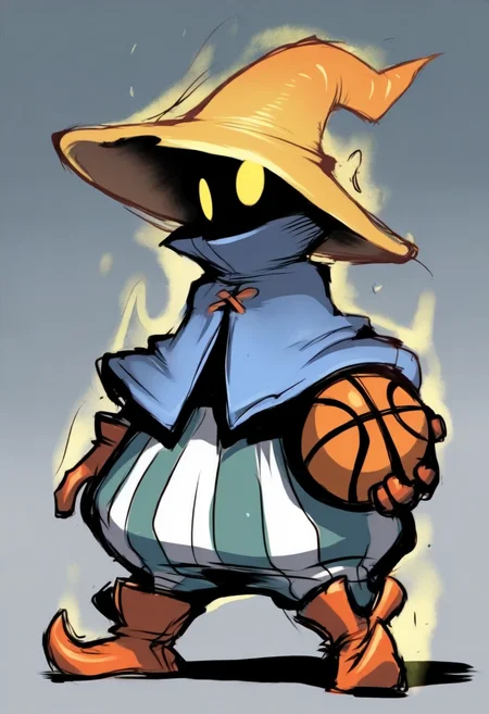 masterpiece, best quality, solo, 1boy, looking at viewer, <lora:Ziggy-illus_Fp:1>, ziggy, yellow eyes, shaded face, faceless, no mouth, wizard hat, striped pants, cloak, robe, gloves, puffy pants, boots, basketball, holding basketball, aura, sketch,