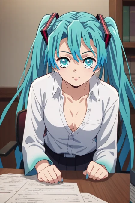score_9, score_8_up, score_7_up, source_anime, , anime screencap, , official style, looking at viewer, , , 1girl, hatsune miku, blue eyes, blue hair, solo, office, <lora:kimetsu_no_yaiba_style_pony:0.74>, kimetsu_no_yaiba_style, <lora:sdxl_lightning_8step_lora:1>,