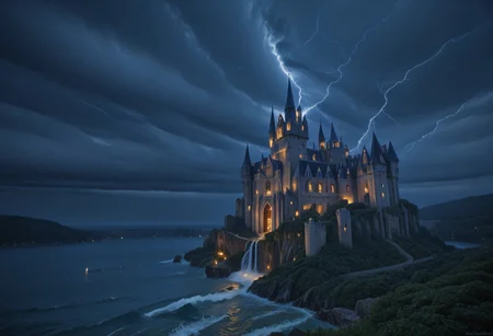 Stable_Yogis_PDXL_Positives, masterpiece,best quality,amazing quality,very aesthetic,high resolution,ultra-detailed,absurdres,newest, outdoors, mw01out, mwl01, castle, castle on the edge of a cliff, white walls, purple turrets, nighttime, night, thunderstorm in the distance, thunderclouds, overlooking the ocean, stormy