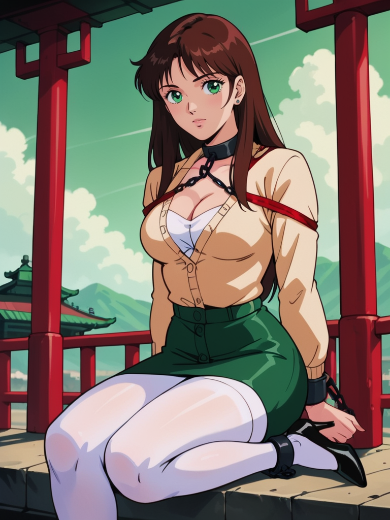 (tied up in chains, shibari chains), score_9, score_8_up, score_7_up, realistic,  background is green sky, asian temple, wasteland, <lora:Mia_Koji:.55>, miakoji, mia from ronin warriors is sitting on the edge of a bridge wearing a cardigan sweater, pastels, blouse, deep cleavage, lowcut shirt, unbuttoned, pencil skirt, white leggings, heels, 1girl, retro, brown hair, 1980s (style), bangs, long hair, (green eyes), boudoir, <lora:Ronin_Warriors-000008:.4>, roninwarriors, armored tiger, tiger wearing armor, ((green sky))