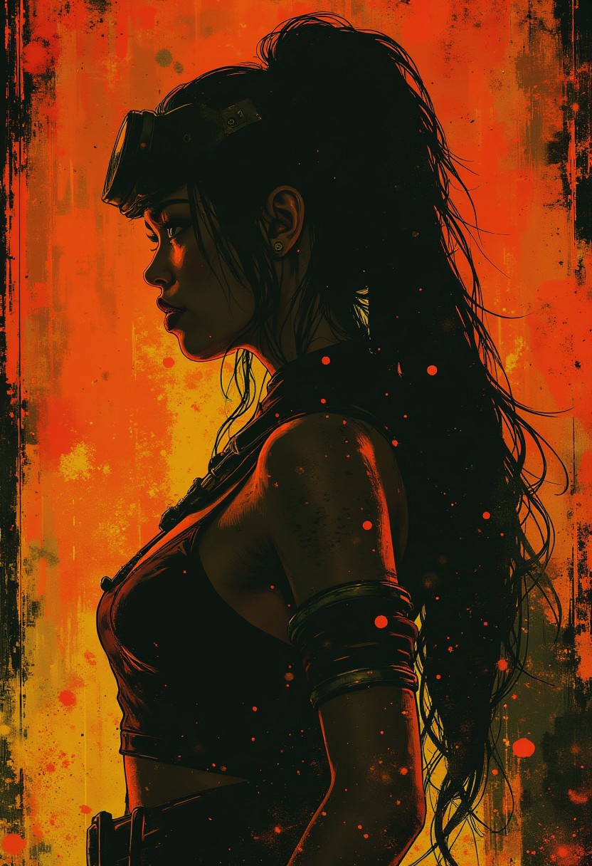 Silhouette Art, breathtaking detailed, masterpiece, awe-inspiring, radiant, magnificent. (all dark hues and fine vibrant orange glowing smoldering accent and shiny silver color scheme:1.02). glossy. stunning oriental woman, long hair, samurai helment, red leather samurai armour