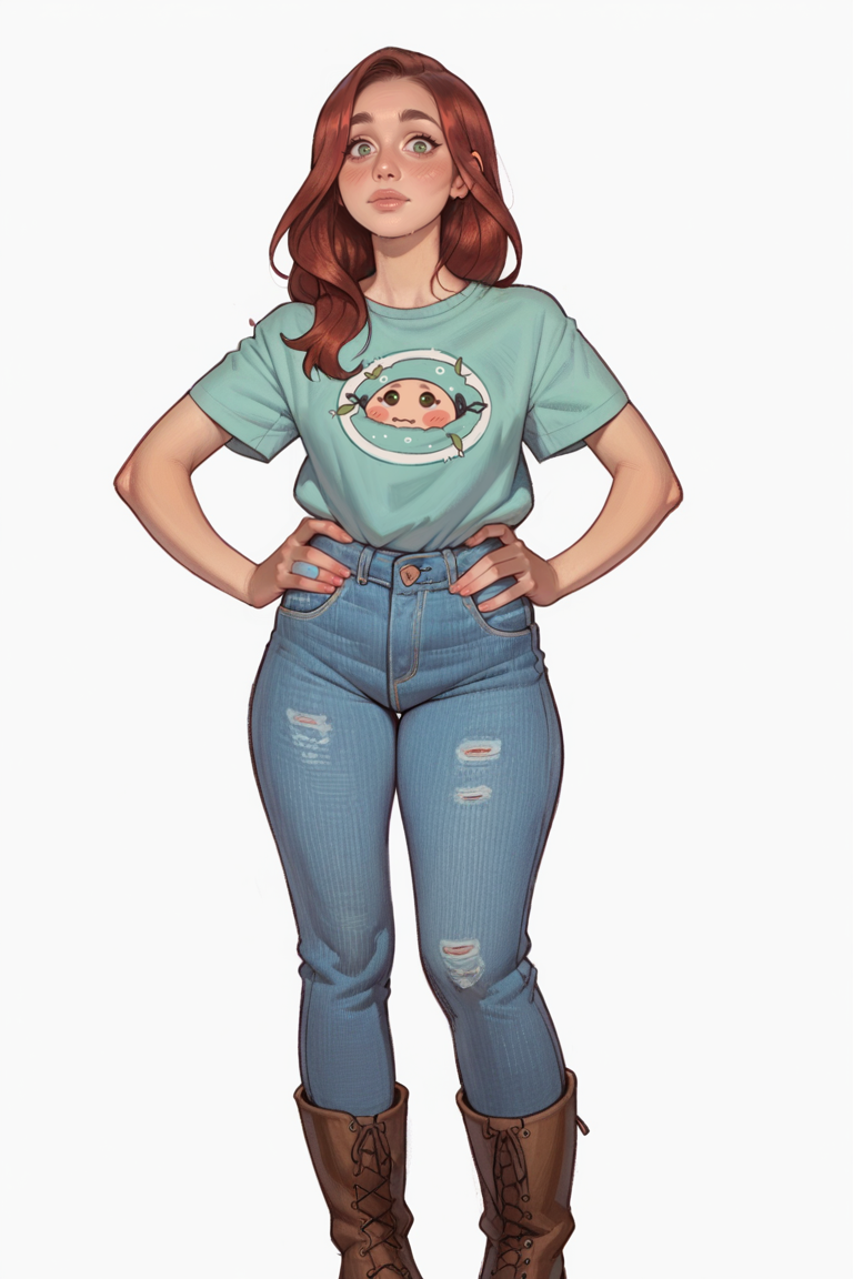 <lora:RealMix1:1>, score_9, score_8_up, score_7_up, score_6_up, score_5_up, rating_questionable, source cartoon
1girl, pretty face, pretty eyes, detailed eyes, HD eyes, thick thighs
hands on hips, standing, cowboy shot
looking at viewer, blush, eyebrows, long hair, red hair, green eyes jeans, green t-shirt, boots, high waisted jeans
simple background, white background